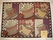 Coffee Cups BEANS Mocha Espresso SQUARES Tapestry Kitchen Mat Rug 19 x 27 New!