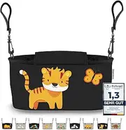 GRINSEZWERGE Pram Organiser - Premium Pram Bag Lockable I Children's Buggy Bag with Wet Wipe Dispenser I Baby Stroller Bag Grey I Storage Bag (Theo Tiger (Black))