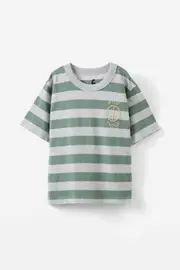[Cotton On Kids] Cotton On Kids - Jonny Short Sleeve Graphic Print Tee - Fog grey marle/moss green stripe wild child 6 FOG GREY MARLE/MOSS GREEN STRIPE WILD CHILD