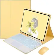 Jarttarn Backlit Keyboard Case Compatible with iPad Air 13 (2024) 13-inch M2 with Mouse, Round Keys Detachable Wireless Trackpad Keyboard Cover Built-in Pencil Holder (Yellow+White Keyboard)