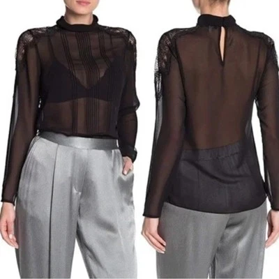 NWT Reiss Lottia Black Sheer Lace Blouse Long Sleeve Lace Pintuck Size 8