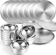 304 Stainless Steel Plates and Bowls Metal Camping Plates Reusable 13 oz Steel Snack Bowls Dinner Dishes Double Walled Insulated Metal Dinnerware(10 Sets,8 x 8 Inch)