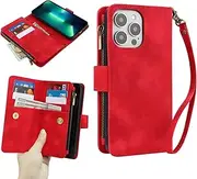 GoshukunTech for iPhone 13 Pro Wallet Case with 9 Card Holders,for iPhone 13 Pro Case Zipper Coin Pocket PU Leather Flip Cover Kickstand Protective Phone Purse with Wrist Strap-Red