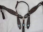 Western Brown Leather Set of Headstall and Breast Collar with Printed Leather