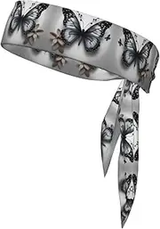 Gray Teal Flower Butterfly Sports Strap Double-Sided Headscarf Men's Bow Tie Sports Headscarf Running Yoga Exercise Headband