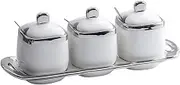 Ceramic Sugar Shaker Set of 3, Ceramic Salt Shaker Set with Spoon, Lid and Tray, Kitchen Spice Shaker Set Countertop Seasoning Containers for Seasonings, Suitable for Home Countertops (White)