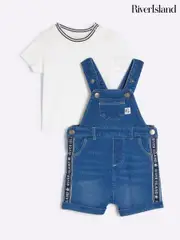 River Island Blue Baby Boy Denim Short Dungarees (H58156) | $55