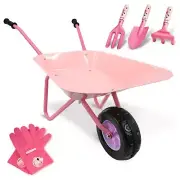 Pink Kids Wheelbarrow Set: Easy-To-Assemble Metal Child'S Wheelbarrow with Garde