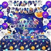 145Pcs Space Party Supplies Solar System Tableware Set Serves 20 Guests Astronauts Tablecloth Plates Cutlery Birthday Banner Balloons Space Birthday Party Decorations