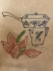 Vintage Kitchen Towel Stamped Embroidery Tea Pot Pyrex Pan Plant Project