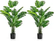 Giantex 2 Pack 1.5M Artificial Faux Monstera Deliciosa Plant W/Cement Pot, 15 Large Leaves, Evergreen Decoration, Plastic Artificial Plant for Living Room, Bedroom, Study Office