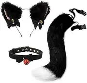 Cosplay Cat Ears and Tail Set Handmade Cute Cat Girl Accessories Furry Headband with Bell Collar Perfect for Halloween Party Costume Role Play Cat Theme Parties School Performances （Black+Pink）