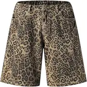 [Ponitrack] Unisex Leopard Jorts Women Baggy Cheetah Shorts Vintage Straight Leg Jeans Casual Y2K Streetwear