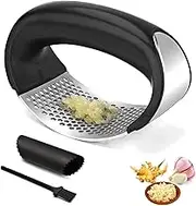 Garlic Press Rocker, Stainless Steel Garlic Masher and Garlic Crusher with Silicone Tube Set with Peeler and Cleaning Brush,Professional Kitchen Gadgets Garlic Chopper for Smashing Garlic