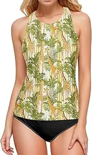 [Joisal] Tankini Swimsuit, Swim Top with Built in Bra, Cute Animal Sleeveless Swim Shirts, Small