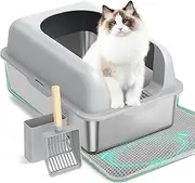 Stainless Steel Cat Litter Box with Lid, XXL Semi-Enclosed Cat Litter Box for Big Kitty, Metal Extra Large Litter Box High Sided, Non-Stick & Anti-Urine Leakage with Cat Mat and Scoop