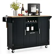 Costway Rolling Kitchen Island Cart, Buffet Serving Cart with 4-Bottle Wine Rack, Towel Bar & Spice Holder, Kitchen Storage Cabinet with Drop Leaf Rubber Wood Countertop & Lockable Casters (Black)