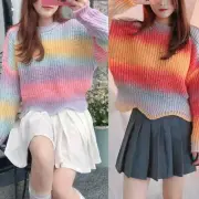 Women Long Sleeve Sweater Rainbow Striped Hem Knitwear Jumper Tops