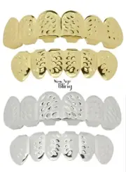 4 pc Set Grillz Cut Design Gold Silver Plated Custom Fit Top Bottom Teeth Grill