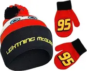 [Disney] Boys Winter Hat Set, Cars Lightning McQueen Toddler Beanie and Mittens for Kids Age 2-4