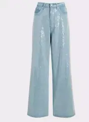 NWT Sam Edelman Bianka Jeans Ritzy High Rise Lt Denim Wide Leg Long Sequin Sz 26