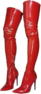 [Frankie Hsu] Sexy Stiletto Over The Knee Boots, Fashion Red Patent Mirror Shinny New Thin High Heel Above Knee Style, Large Big Size Designer Thigh Long Shoes For Women