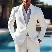Men's Casual Suits White Fashion Solid Colored Standard Fit 2 Piece Single Breasted Two-buttons