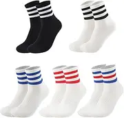 [Ultrafun] 5 Pairs Unisex Stripe Crew Socks Breathable Athletic Sports Gym School Casual Quarter Ankle Socks for Men Women