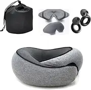 Epzia Travel Neck Pillow for Airplane 360° Head Support for Long Flights, Sleeping Essential with 3D Contoured Eye Mask, Earplugs and Luxury Mesh Bag Travel Pillow Plane Kit