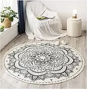 Jucoan 4 Ft Round Rug, Hand Woven Cotton Round Area Rug with Tassels, Machine Washable Bohemian Circular Throw Rug Floor Carpet Mat for Bedroom, Living Room, Playroom