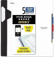 Five Star Spiral Notebook + Study App, 5 Subject, College Ruled Paper, Advance Notebook with Spiral Guard, Movable Tabbed Dividers and Expanding Pockets, 8-1/2" x 11", 200 Sheets, White (73154)