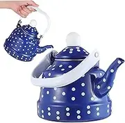 PRETYZOOM Vintage Kettle Enamel Interior Stovetop Teapot Blue with White Dots Quick Heating Ergonomic Handle for Tea Lovers