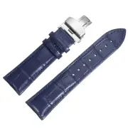 Leather Band Deployment Buckle Watch Strap 23mm Leather Strap, Blue/Silver