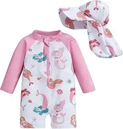 [Geagodelia] Toddler Baby Girl Swimsuit and Hat Zip Up Long Sleeve All in One Swimming Costume UV Sun Protection Swimwear One Piece Swimming Suit Rash Guard Sunsuit