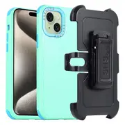 For iPhone 15 Belt Clip Anti-Drop Phone Case TPU+PC Kickstand Back Cover-Grass Green+Sky Blue