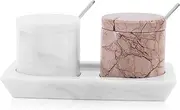 Radicaln Marble Salt Cellar With Lid 3" Inches Handmade White and Marinara Stone Salt Container For Kitchen Ideal Holder With Lid, Spice jar & Salt Cellar Set of 2 With Tray