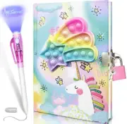 New Girls Pop It Diary w Key Lock Journal Unicorn Kids Toy Secret Pen Lights Fun