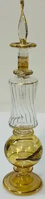 Vntg Egyptian Blown Amber Glass Perfume Bottle Delicate Etched 24k Gold Hand PNT