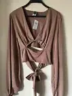 WINDSOR Women Mocha Plunge Tie-Back Peasant Sleeves Crop Top
