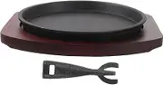 1 Set Non Stick Iron Steak Plate with Wooden Base Grilling Dish for Roasting Durable Design for Kitchen Restaurant Use Versatile Cooking Experience Random Color
