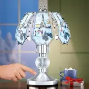 Snow-Covered Winter Village Glass Shade Silver-Toned Base Touch Lamp