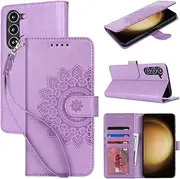 [Cavor] Wallet Case for Samsung Galaxy S23 Plus 6.6'' PU Leather Case Magnetic 3D Embossed Flower Women Flip Kickstand with Card Holder Wristlet Hand Strap Protective Cover-Flower Purple