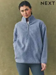 Powder Pale Blue Teddy Borg Cosy Longline Quarter Zip Fleece (AY3419) | $56