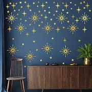 Gold Star Wall Stickers Retro Starburst Wall Decals Peel and Stick for Bedroom Living Room Decor Ceiling Stars Atomic Mid Century Wall Art Murals Modern Viny Wall Decal for Nursery Kids Room