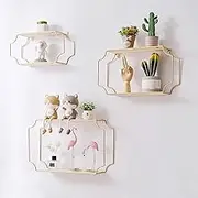 Rectangular Floating Shelves Wall Decor, Gold Metal Wire and Wood Wall Mounted Large Space Storage Shelf Home Decorations Art for Bedroom Living Room Kitchen Bathroom, Set of 3