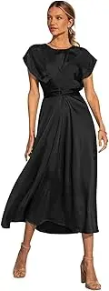 [Jusfitsu] Wedding Guest Dresses for Women Cap Sleeve Tie Waist Satin Midi Dress Long Flowy Cocktail Dresses