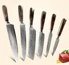 Chef Knife Set Paring Utility Santoku Slicing Laser Damascus Pattern Wood Handle