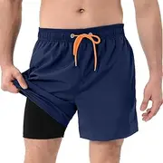 [Sowllars] Mens Swim Trunks with Compression Liner 5 Inch Boardshorts Quick Dry Swim Shorts Mens Bathing Suit