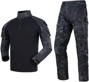 [Minghe] Men's Tactical Shirt and Combat Pants Set Long Sleeve 1/4 Zip T-Shirt Trousers for Military Hunting - Black - Tag S=US XS