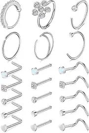 [Briana Williams] 20g Nose Rings Hoop L Shape Nose Studs Stainless Steel Nose Screw Bone Flat Top Diamond Opal Heart High Nostril Piercing Jewelry Silver Rose Gold Black Pack for Women Men